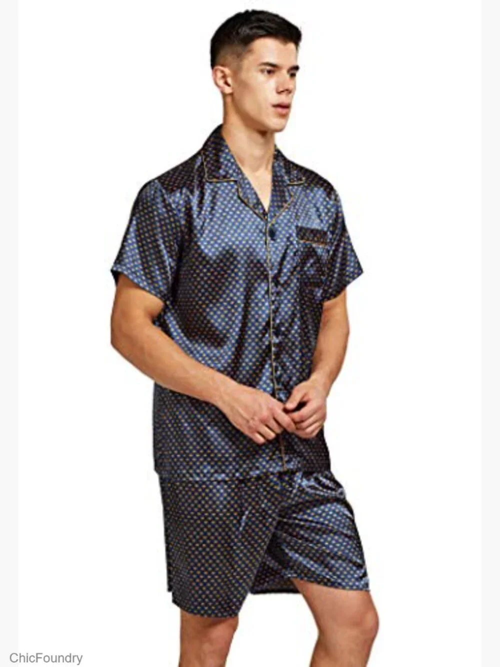 Men's Short Sleeve Satin Pajama Set with Shorts 2-Piece Button Top